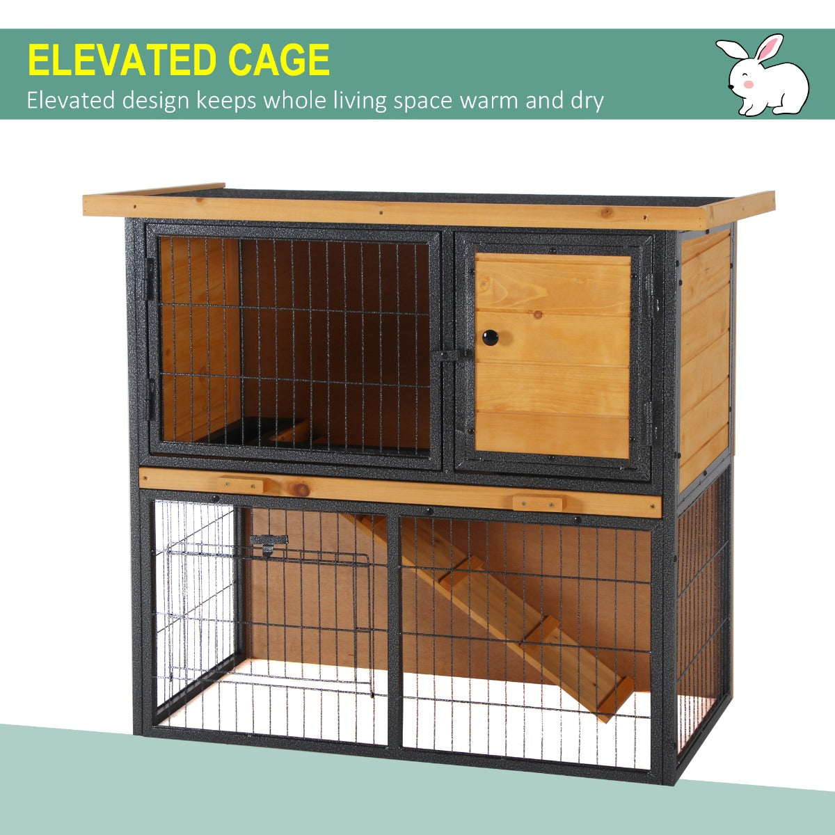 PawHut Wood / Metal Rabbit Hutch Elevated Pet House Bunny Cage with Slide-Out Tray Asphalt Openable Roof Lockable Door Outdoor