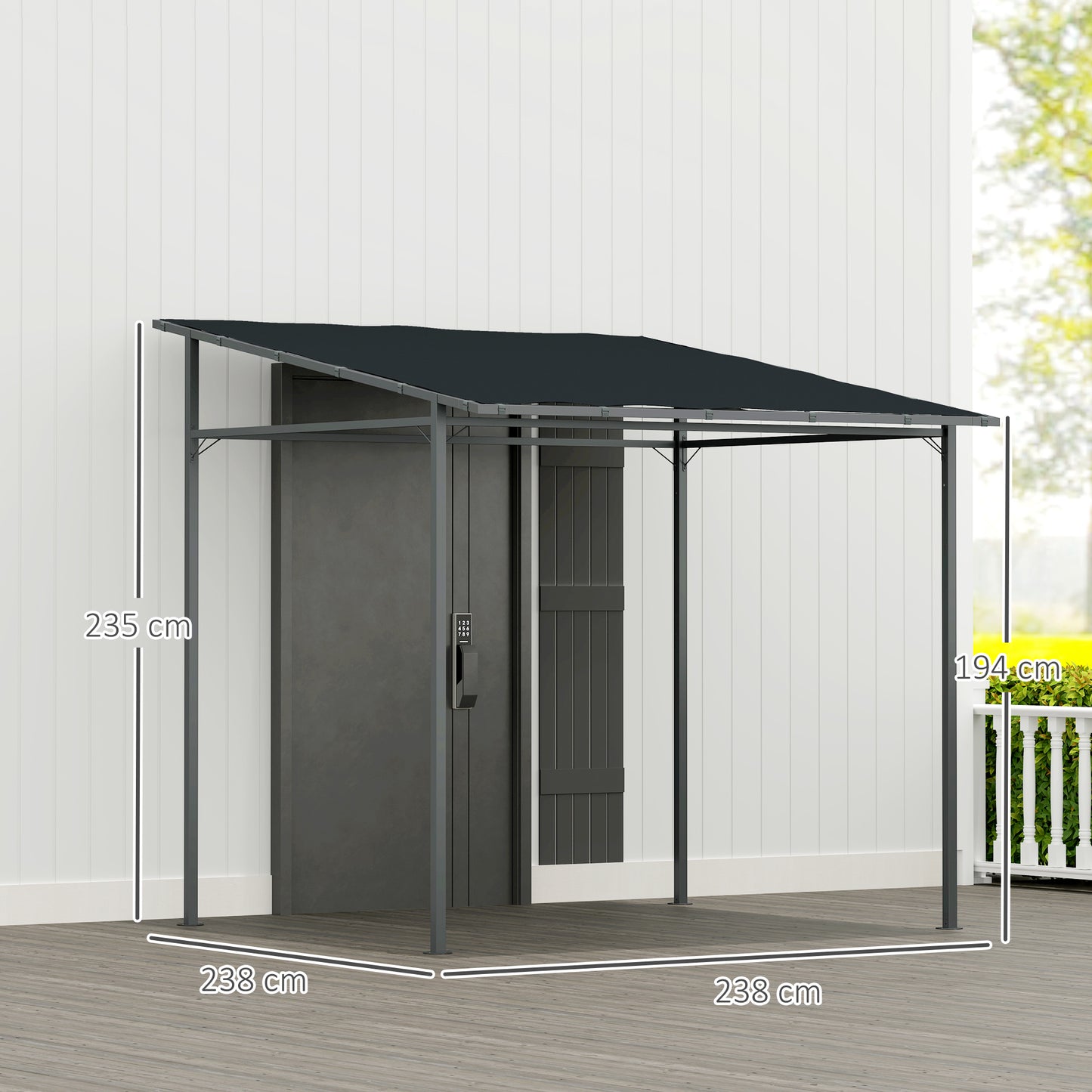 Outsunny 2,4 x 2,4 m Pergola ścienna z powłoką PA i metalową ramą, UPF30+, altana ogrodowa, wiatroodporna zewnętrzna osłona przeciwsłoneczna do ogrodu, tarasu, ciemnoszara