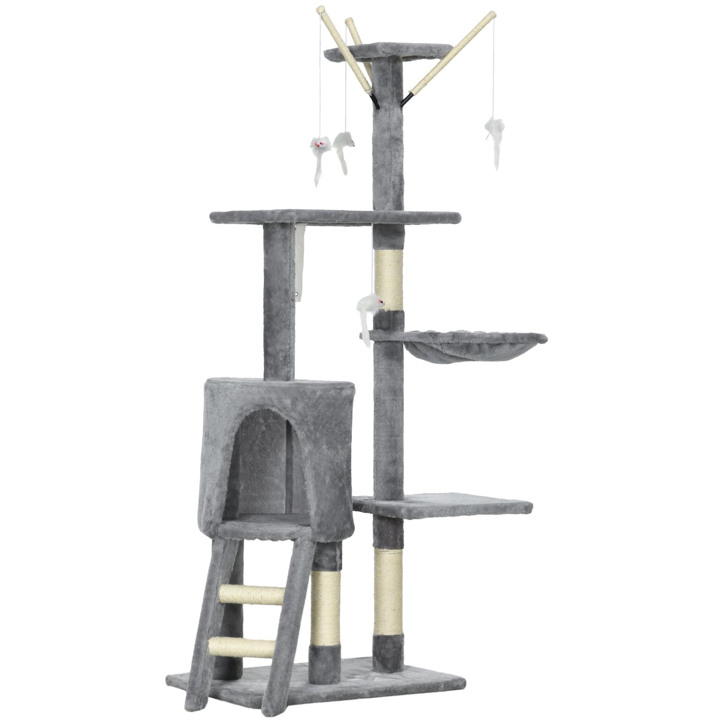 PawHut Cat Scratching Post Cat Tree for Indoor Cats Climbing Tower Scratcher w/ Ladder Kitty Activity Centre 135cm Grey