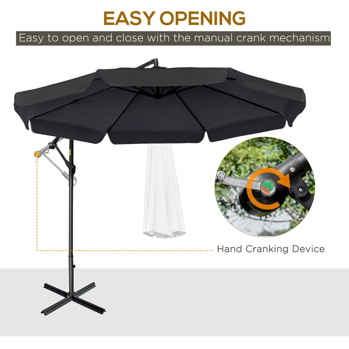 Outsunny 2,7 ​​m parasol ogrodowy Banana Cantilever z korbką i podstawą krzyżową do użytku na zewnątrz, wiszący parasol przeciwsłoneczny, czarny