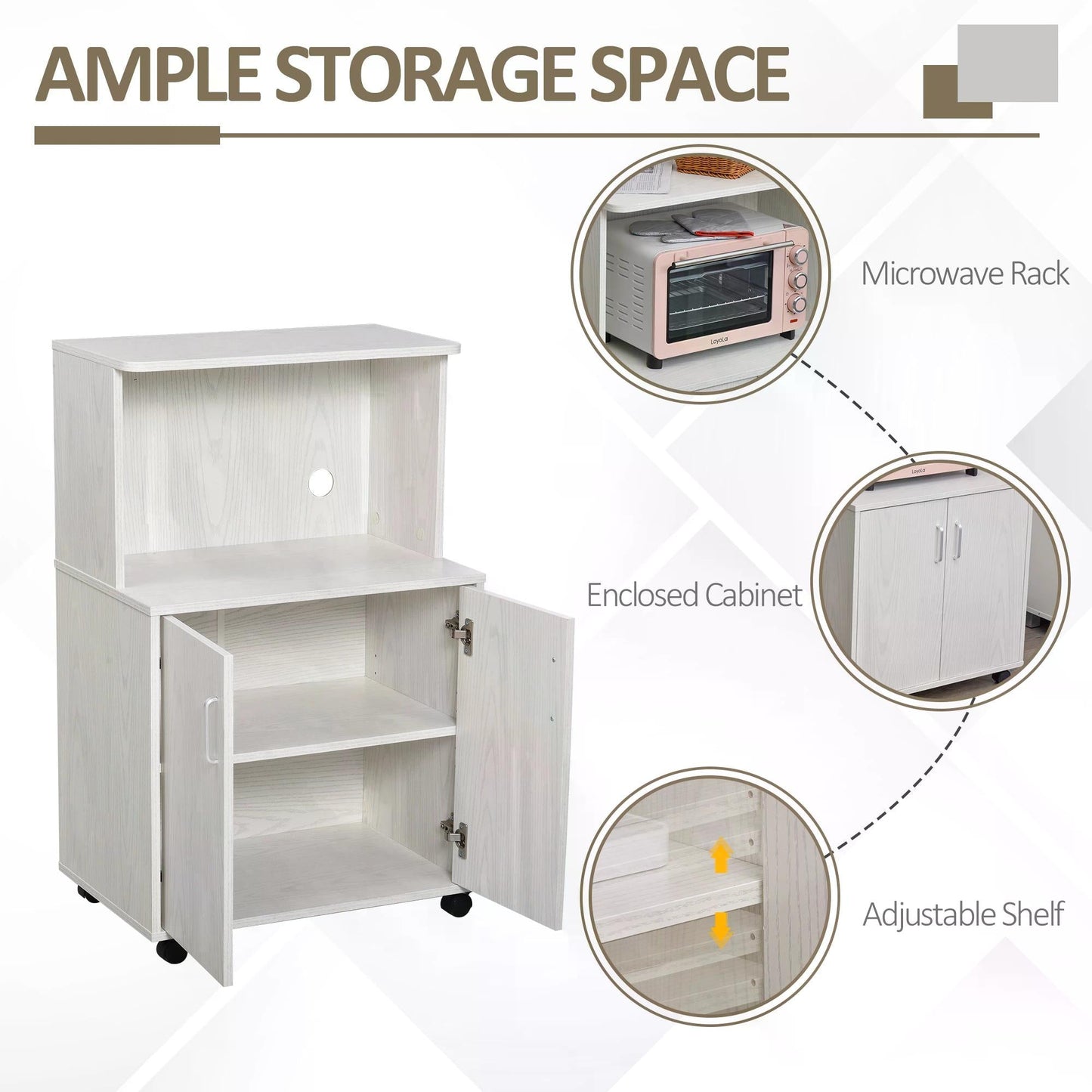 HOMCOM Kitchen Storage Unit, Modern Microwave Stand Trolley Cart, Sideboard with Cabinet, Locking Wheels, Shelf for Living Room, Dining Room, White