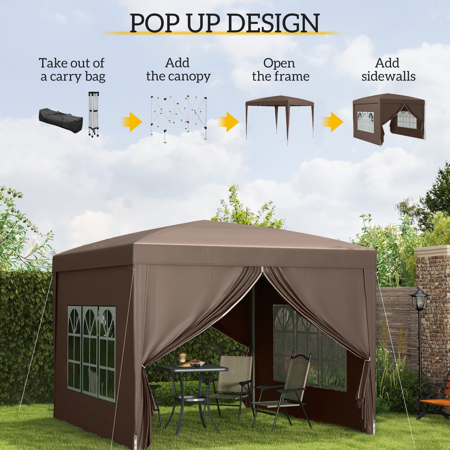 Outsunny 3 x 3 m Pop Up Gazebo, namiot weselny z baldachimem i torbą transportową i oknami, kolor kawy