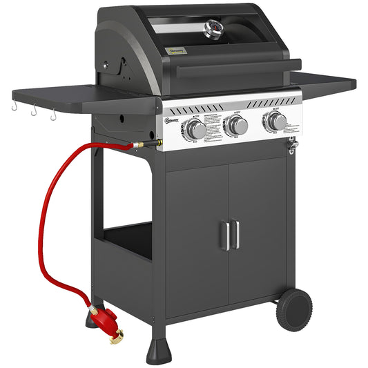 Outsunny 7,5 kW trzypalnikowy grill gazowy BBQ z przezroczystą pokrywą - czarny