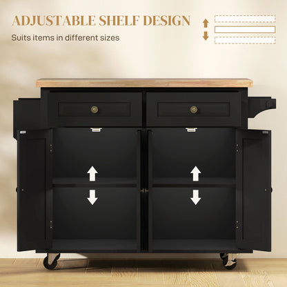 HOMCOM Rolling Kitchen Island Storage Trolley with Rubber Wood Top & Drawers for Dining Room, Black