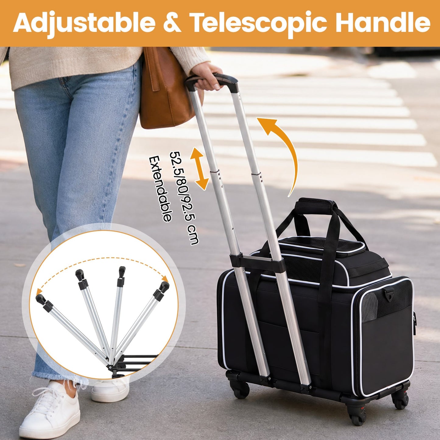 Airline Approved Rolling Cat and Dog Carrier with and Telescopic Handle-Black
