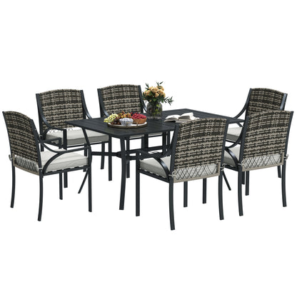 Outsunny Rattan Garden Furniture Set with Cushions, 6 Seater Rattan Dining Set with 6 Armchairs, 150 x 96cm Rectangular Table, Umbrella Hole, for Outdoor, Patio, Balcony, Terrace, Conservatory