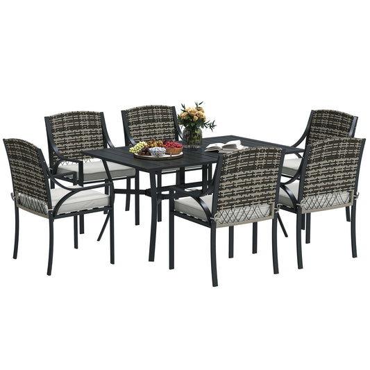 Outsunny Rattan Garden Furniture Set with Cushions, 6 Seater Rattan Dining Set with 6 Armchairs, 150 x 96cm Rectangular Table, Umbrella Hole, for Outdoor, Patio, Balcony, Terrace, Conservatory