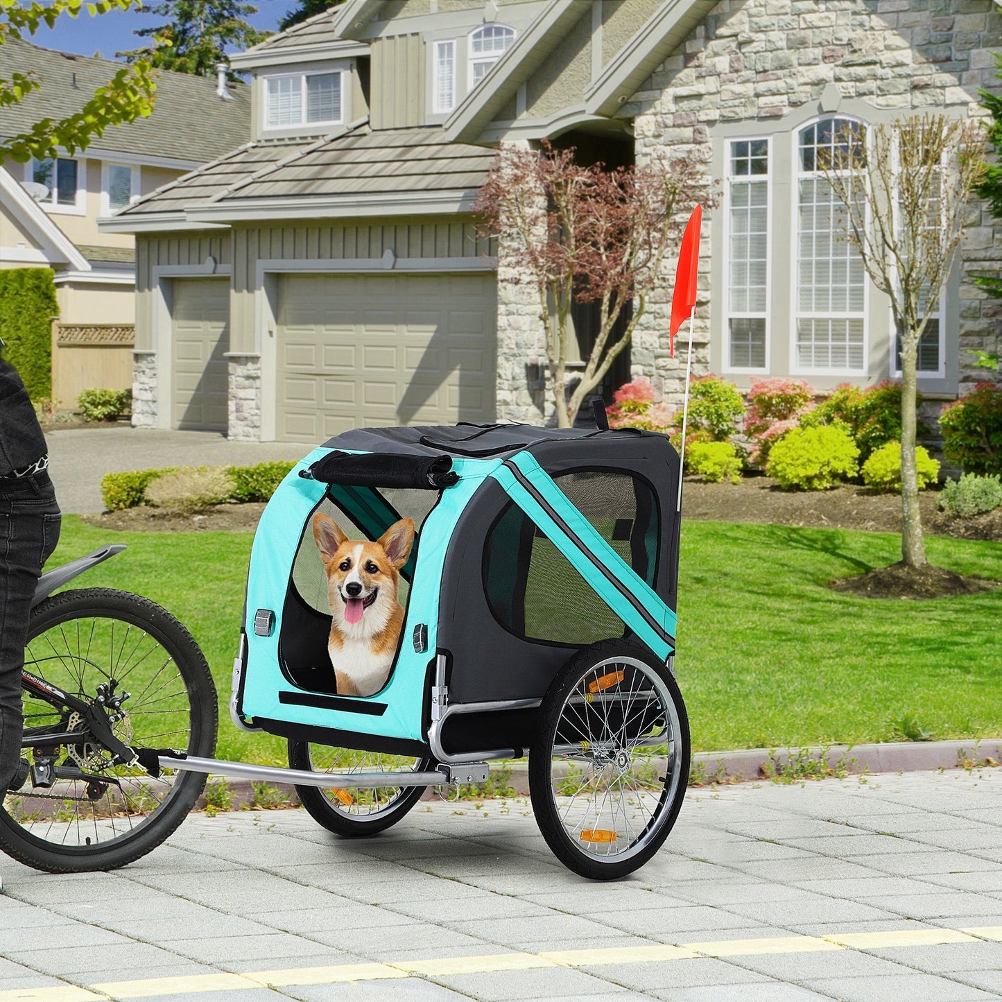 Pawhut Dog Bike Trailer للطي مقطورة الحيوانات الأليفة الكلب الناقل دراجة الإطار الصلب Jogger Stroller مع تعليق - أخضر ورمادي