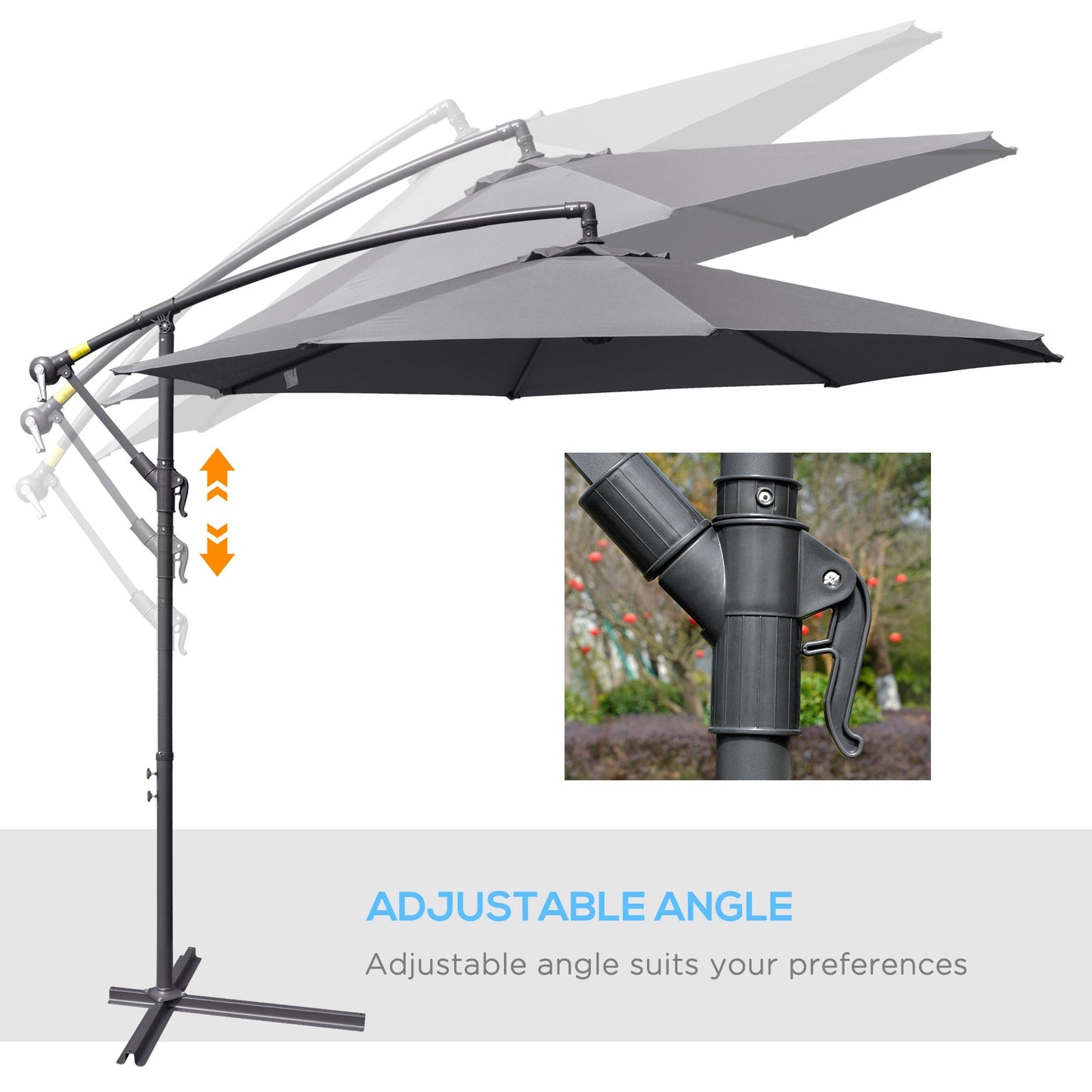 3 Metre Garden Banana Parasol Cantilever Umbrella with Crank Handle and Cross Base, 8 Ribs for Outdoor, Hanging Sun Shade, Grey