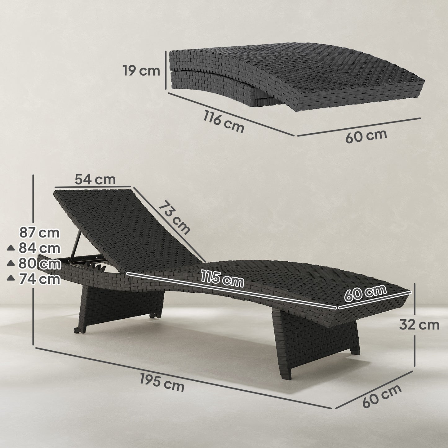 Outsunny Outdoor PE Rattan Leżak, składany wiklinowy leżak ogrodowy z oparciem regulowanym na 4 poziomach, rolowany leżak z kółkami, antypoślizgowe nogi na balkon, plaża, czarny