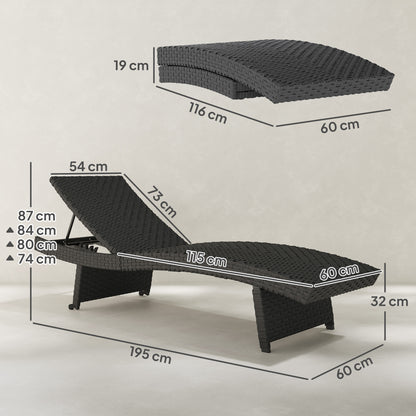 Outsunny Outdoor PE Rattan Leżak, składany wiklinowy leżak ogrodowy z oparciem regulowanym na 4 poziomach, rolowany leżak z kółkami, antypoślizgowe nogi na balkon, plaża, czarny