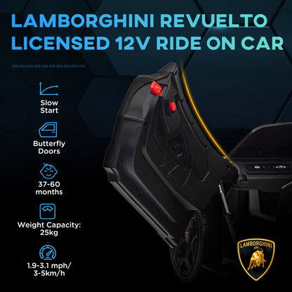 AIYAPLAY Lamborghini Revuelto Licensed 12V Ride on Car w/ Butterfly Doors, Transport Wheels, Suspension, Remote Control, Black