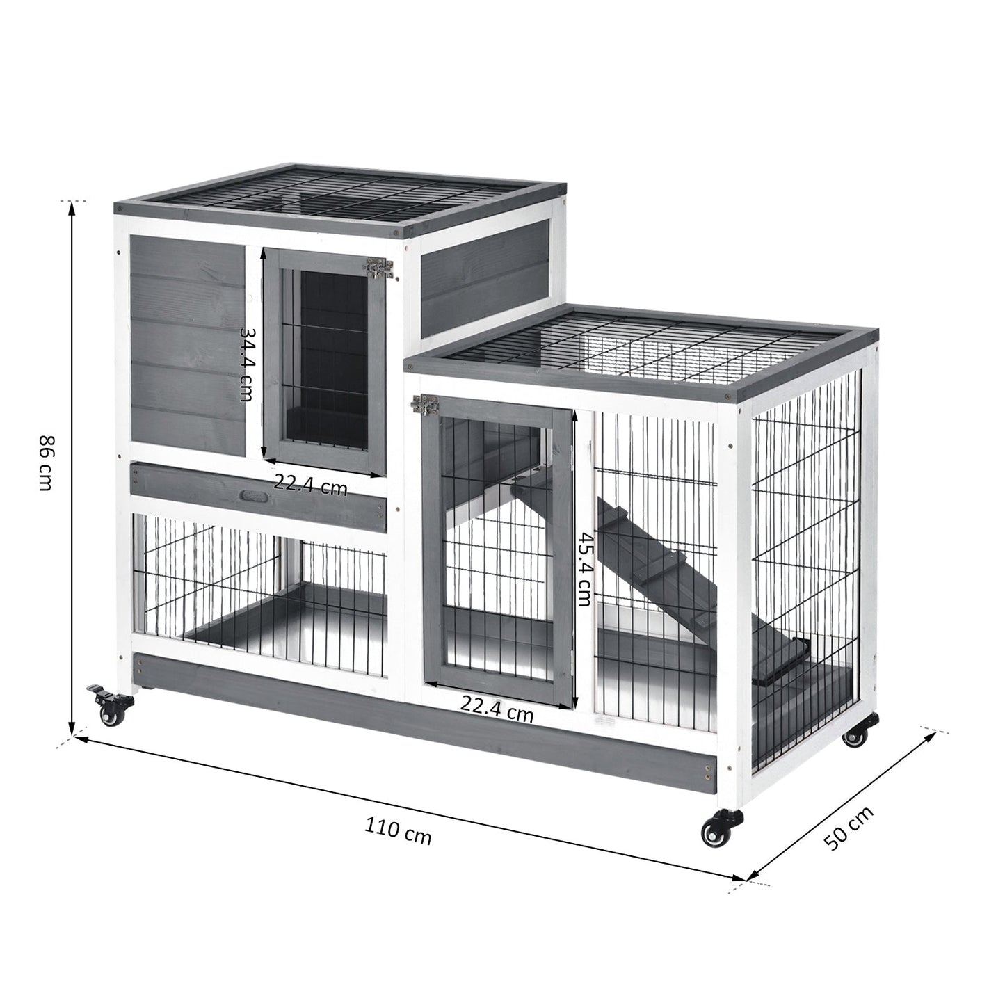 PawHut Wooden Indoor Rabbit Hutch Guinea Pig House Bunny Small Animal Cage W/ Wheels Enclosed Run 110 x 50 x 86 cm, Grey