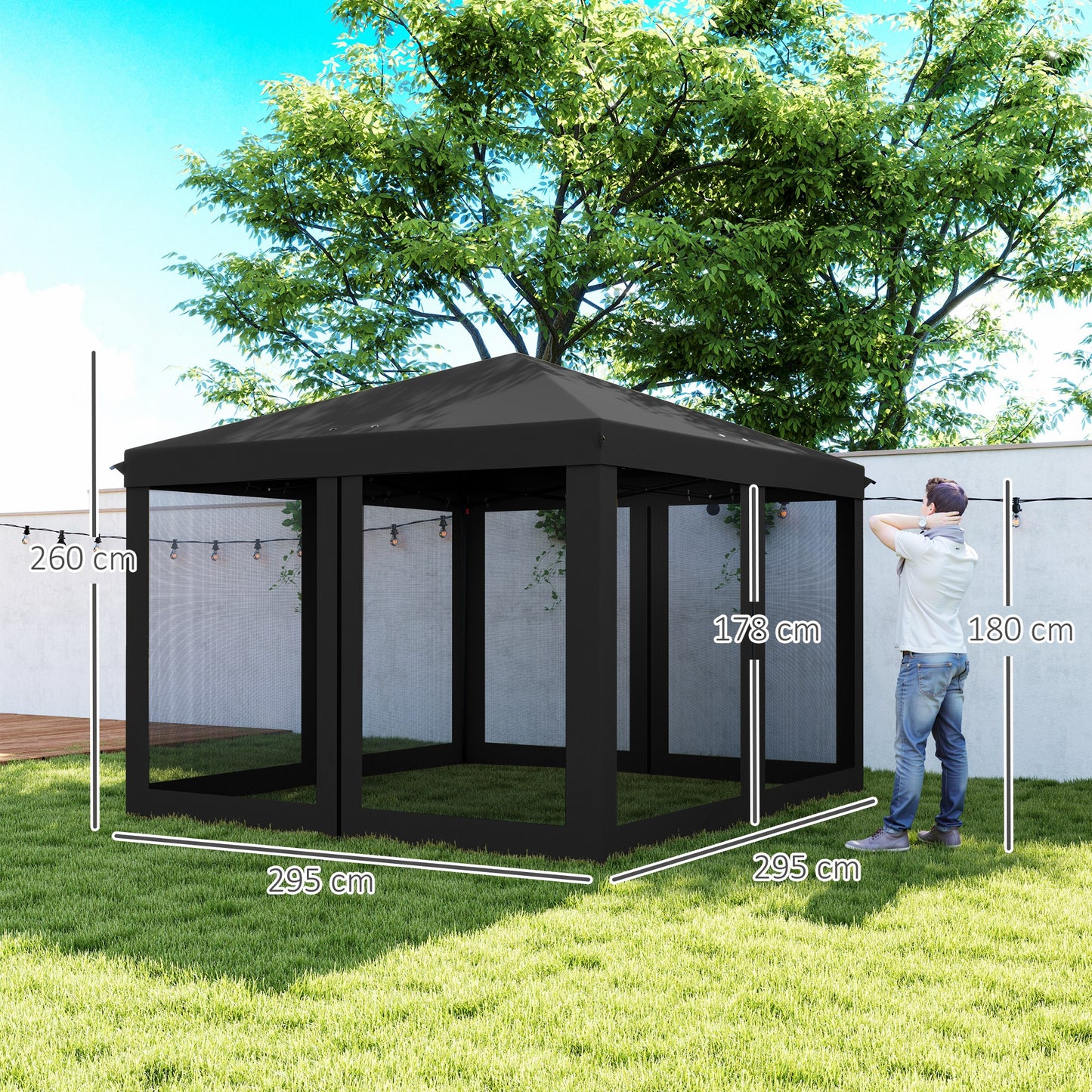Outsunny 3 x 3√Ç m Pop Up Gazebo, 420D Baldachim ogrodowy z odpinaną siatką boczną, torba transportowa do ogrodu, patio, na zewnątrz, czarny