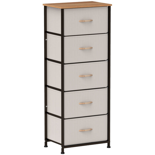 HOMCOM Fabric Chest of Drawers, Industrial Bedroom Dresser with 5 Fabric Drawers, Steel Frame and Wooden Top for Nursery, Living Room, Hallway, Cream White