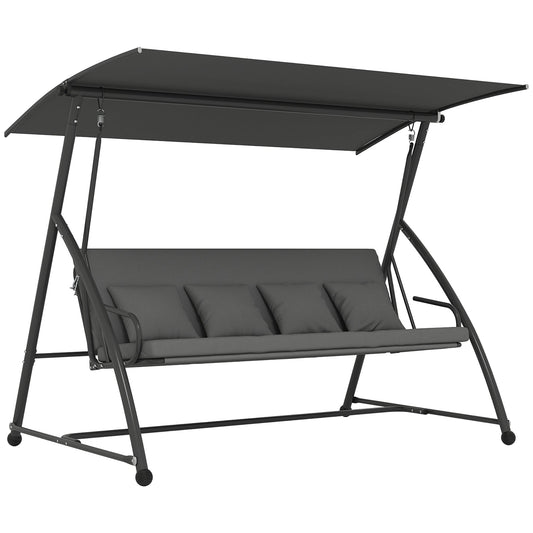 Outsunny Outdoor 2-in-1 Swing Chair Lounger 3 Seater Garden Swing Seat Bed Convertible Tilt Canopy W/ Cushion, Dark Grey