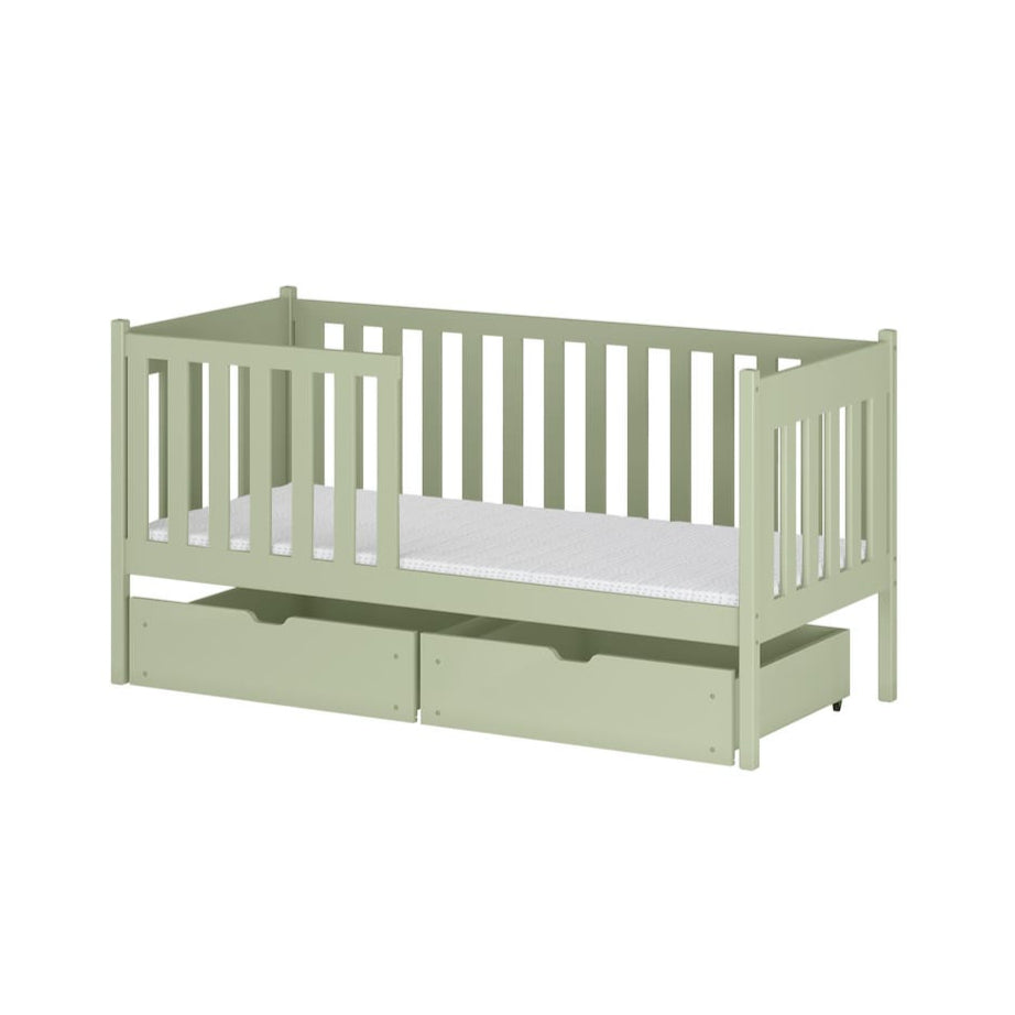 Light green crib with a white mattress on a white background