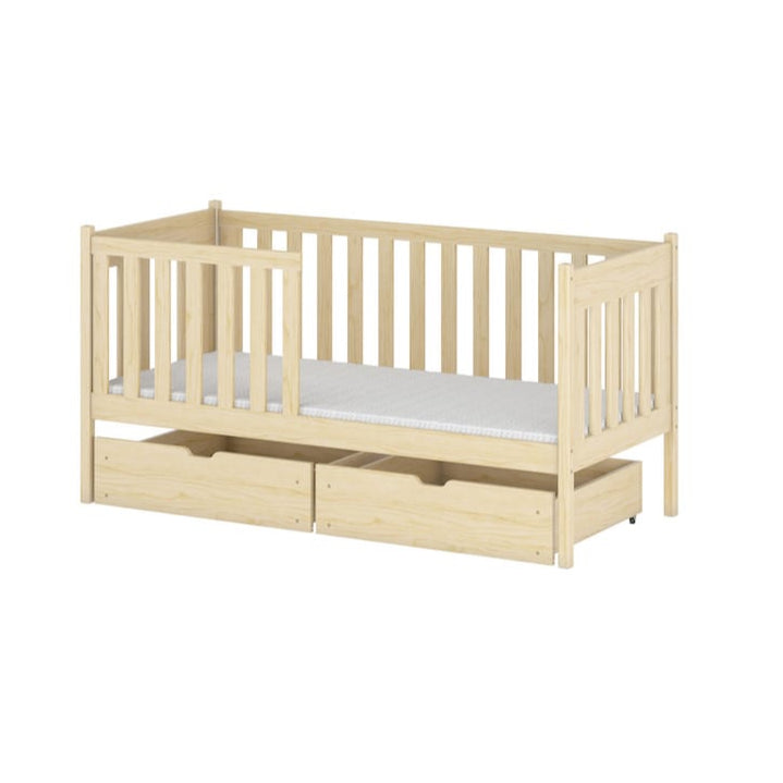 Beige crib with white mattress on a white background