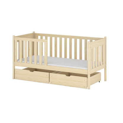 Beige crib with white mattress on a white background