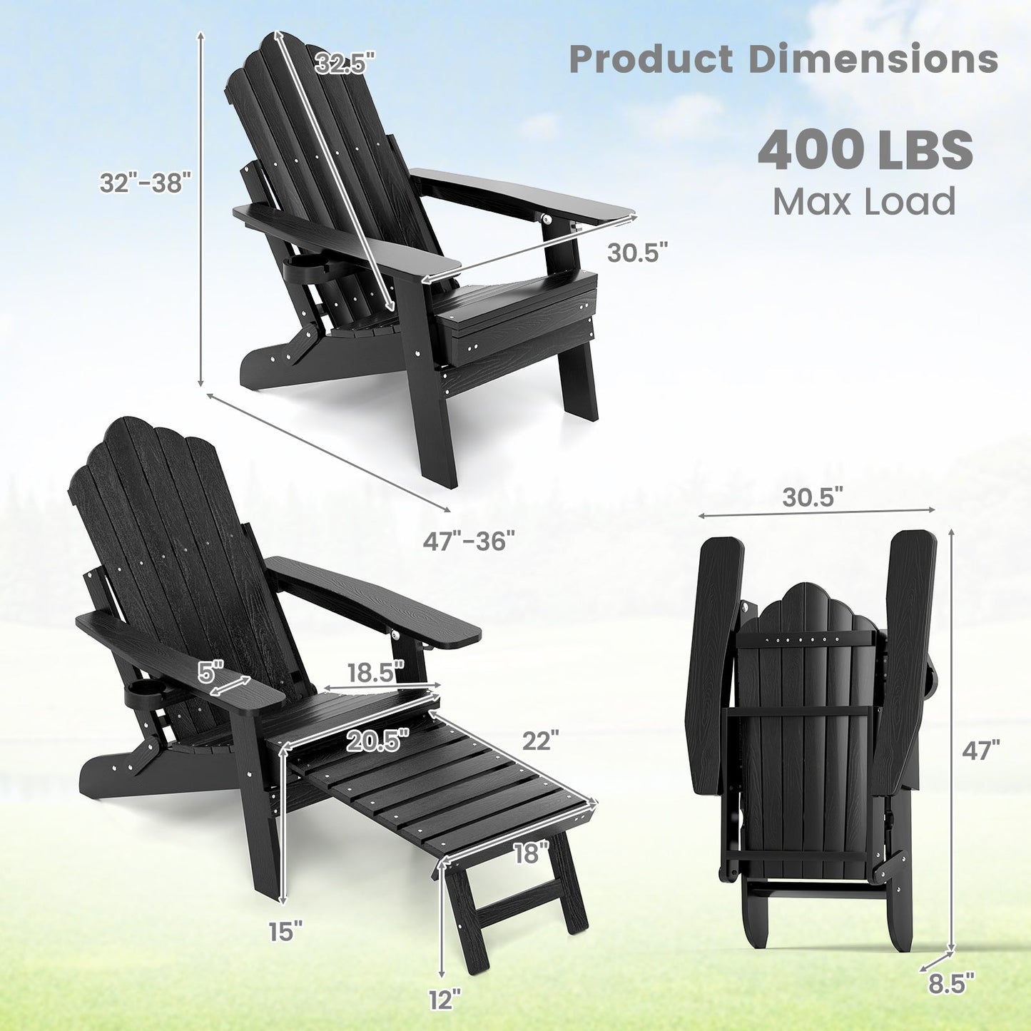 All-Weather HIPS Patio Adirondack Chair 180kg Loaded-Black