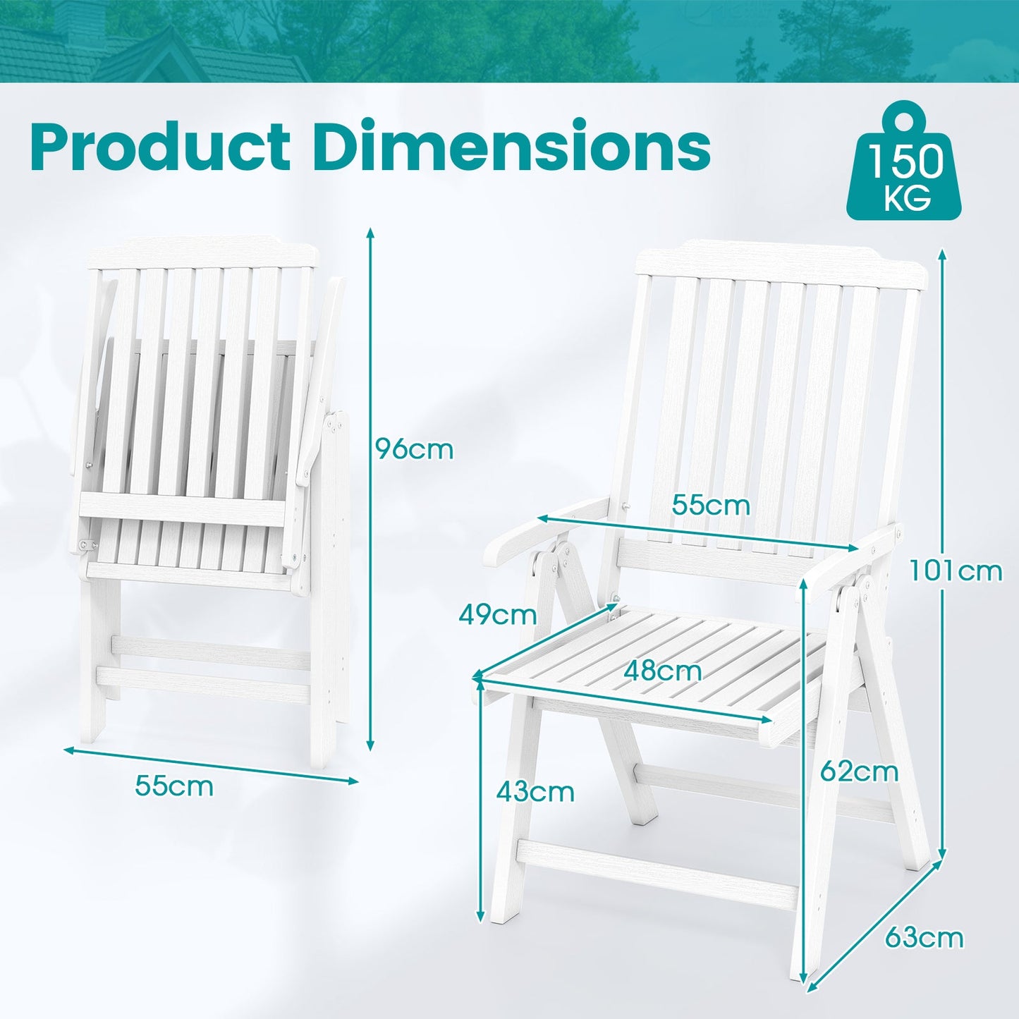 Foldable Patio Chair All-Weather HDPE Outdoor Dining Chair with Armrest-White