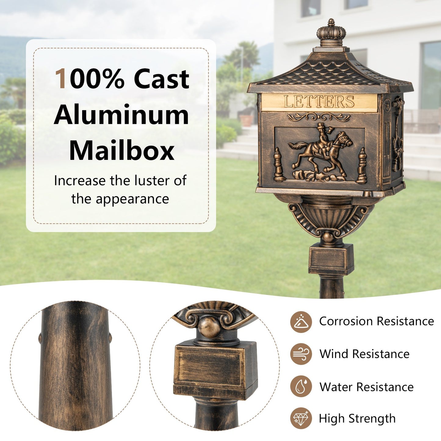 Heavy-Duty Cast Aluminium Mailbox with Baffle Door, Expansion Bolts-Bronze