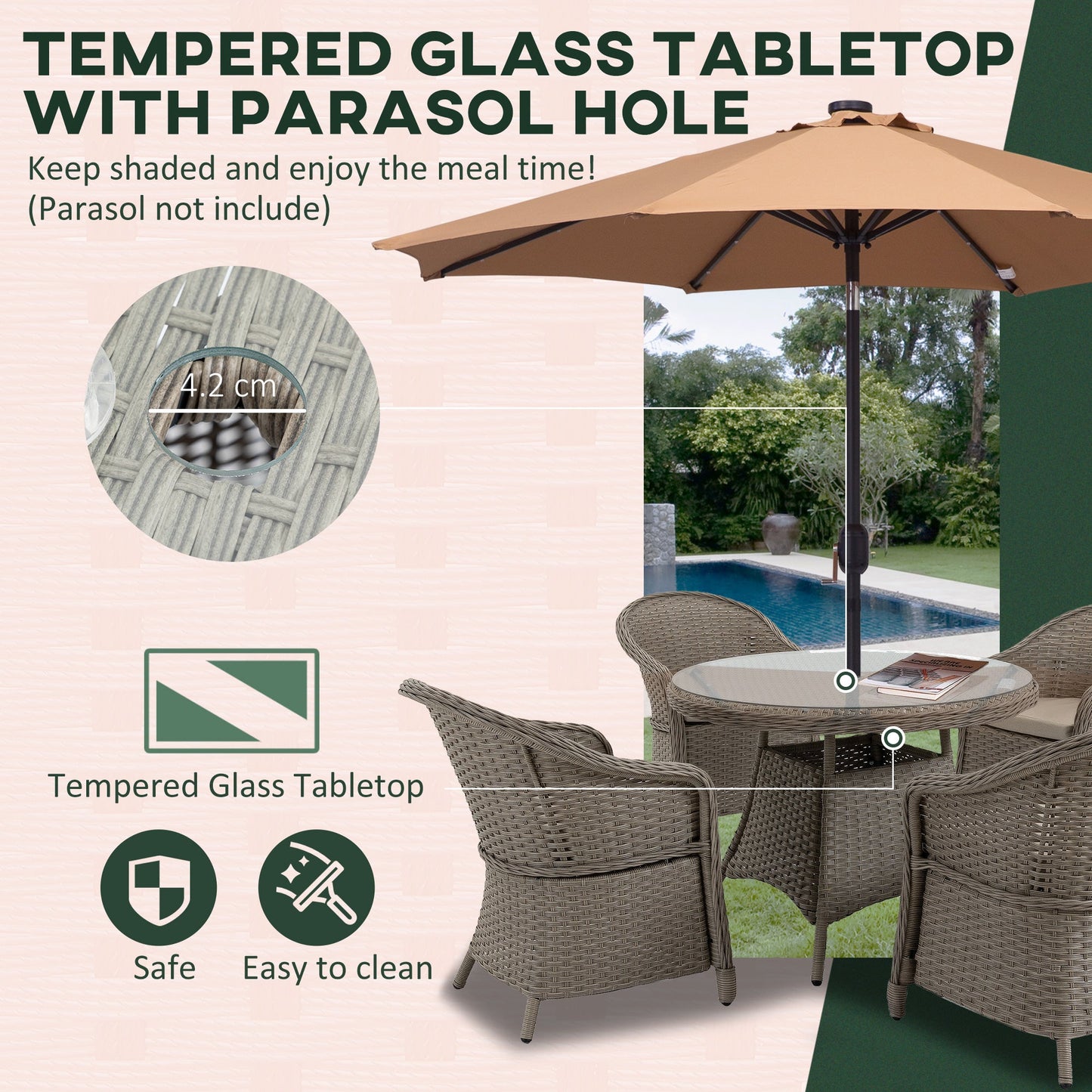 Outsunny 4 Seater Luxury Rattan Dining Set with Cushions, Round PE Rattan Garden Furniture Set, Glass Top Table with Umbrella Hole, Outdoor Dining Table and Chairs, Mixed Grey