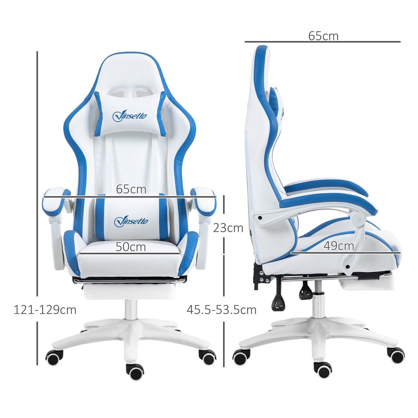 Vinsetto Computer Gaming Chair, PU Leather Office Desk Chair with Footrest, Swivel Wheels, 135  Reclining Back, Lumbar Support, Headrest for Home, White and Blue