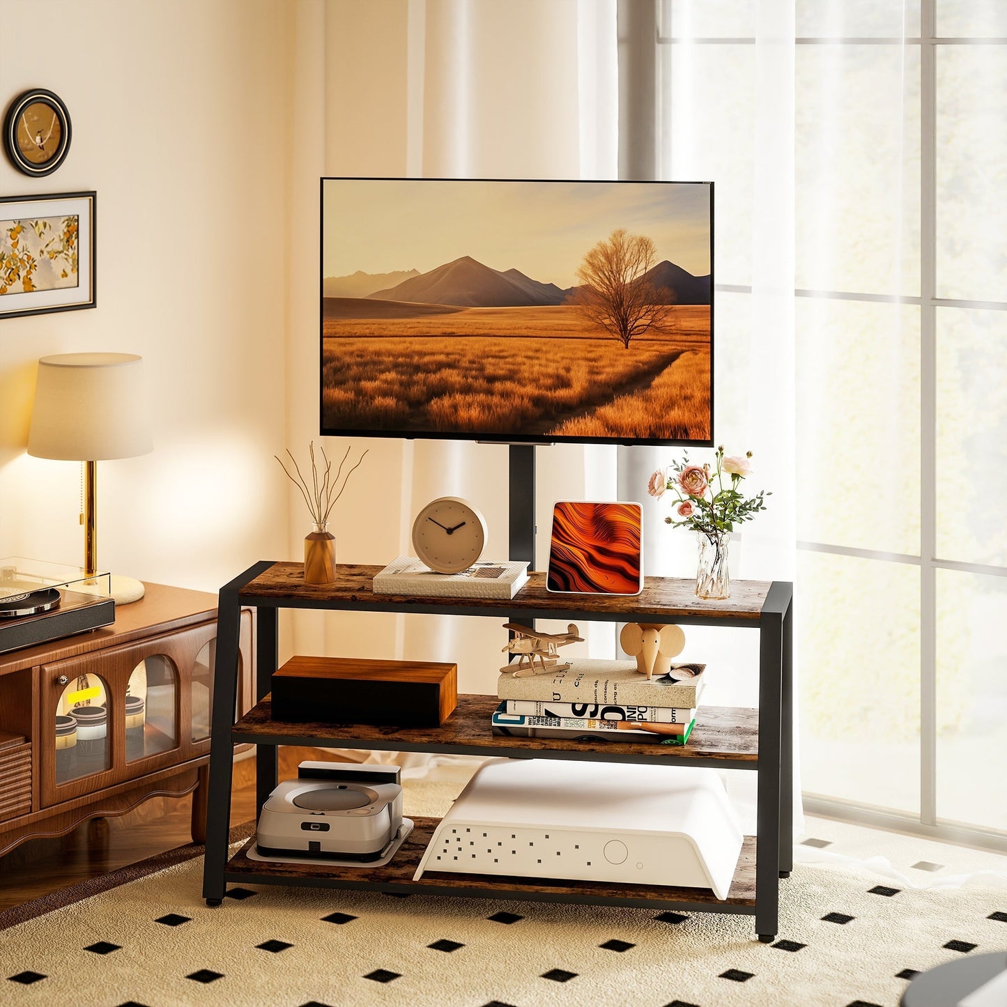 HOMCOM Industrial-Style TV Stand, with 35 Swivel Bracket - Dark Brown