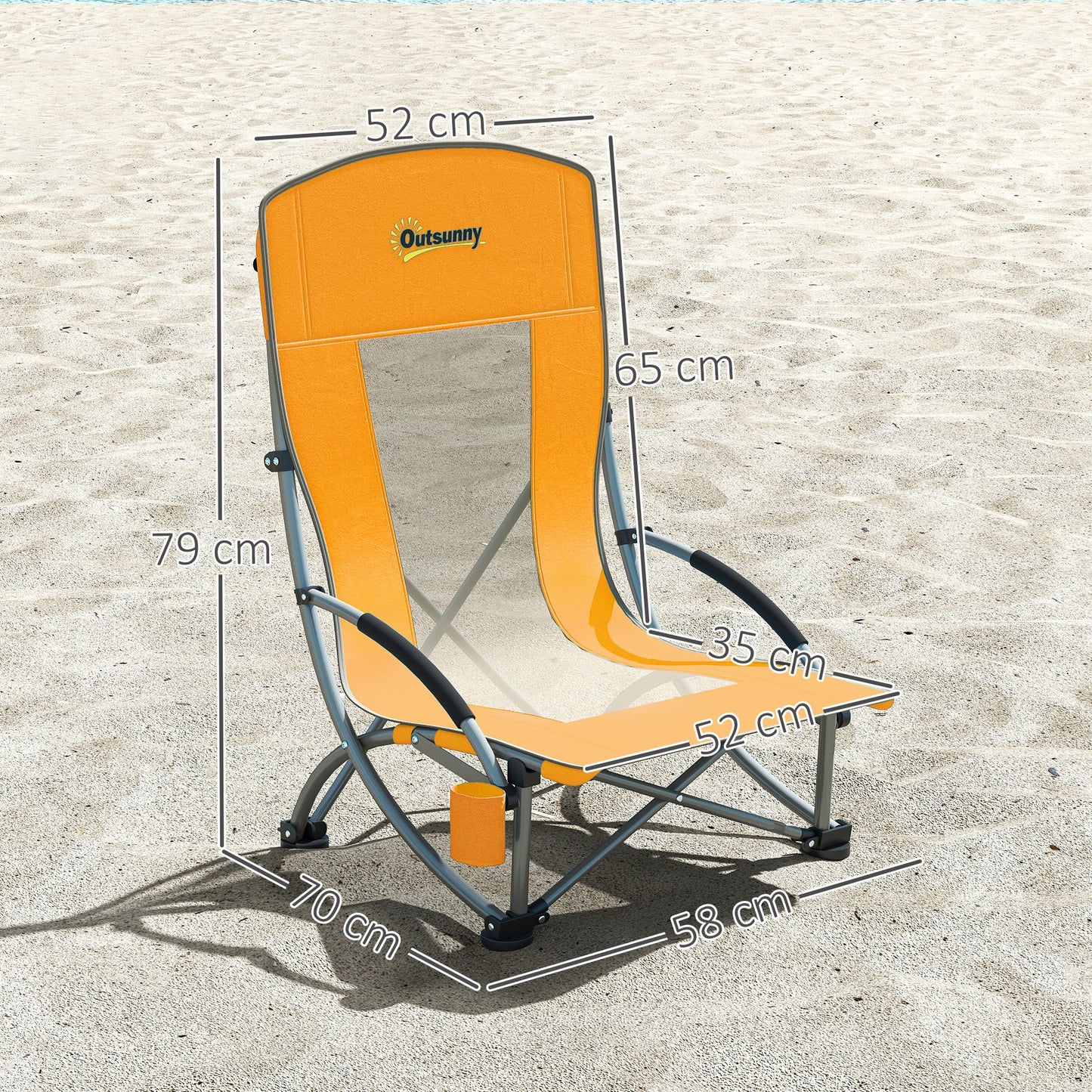 Zestaw 2 składanych krzeseł plażowych Outsunny, niskie krzesło kempingowe z siatkowym oparciem, torbą transportową i uchwytem na kubek do ogrodu, pikniku na świeżym powietrzu, podróży na festiwal, pomarańczowy