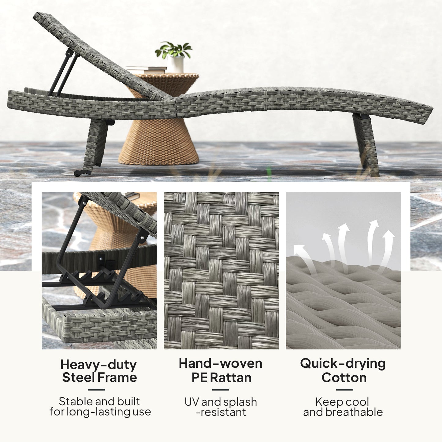 Outsunny Outdoor PE Rattan Leżak, składany wiklinowy leżak ogrodowy z oparciem regulowanym na 4 poziomach, rolowany leżak z kółkami, antypoślizgowe nogi na balkon, plaża, mieszany szary
