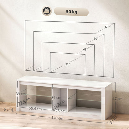 HOMCOM TV Stand Cabinet with LED Lights and Remote Control for TVs up to 65", Entertainment Centre with Storage Shelves, White