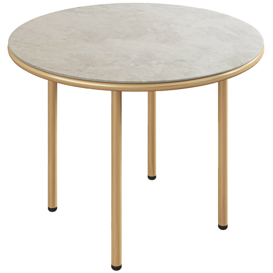 Outsunny Okrągły Mały Stół Ogrodowy, 60 cm Stolik Zewnętrzny z Blatem Ze Szkła Hartowanego Szkłem Faux Marble, Stalowa Rama Do Ogrodu Patio Balkon, Beżowy
