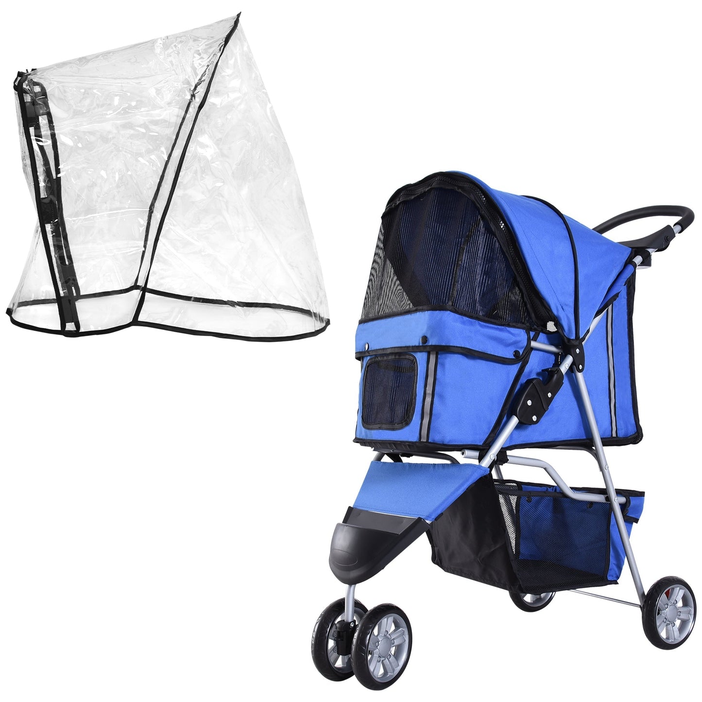 PawHut Dog Stroller with Cover for Small Miniature Dogs, Folding Cat Pram Dog Pushchair with Cup Holder, Storage Basket, Reflective Strips, Blue