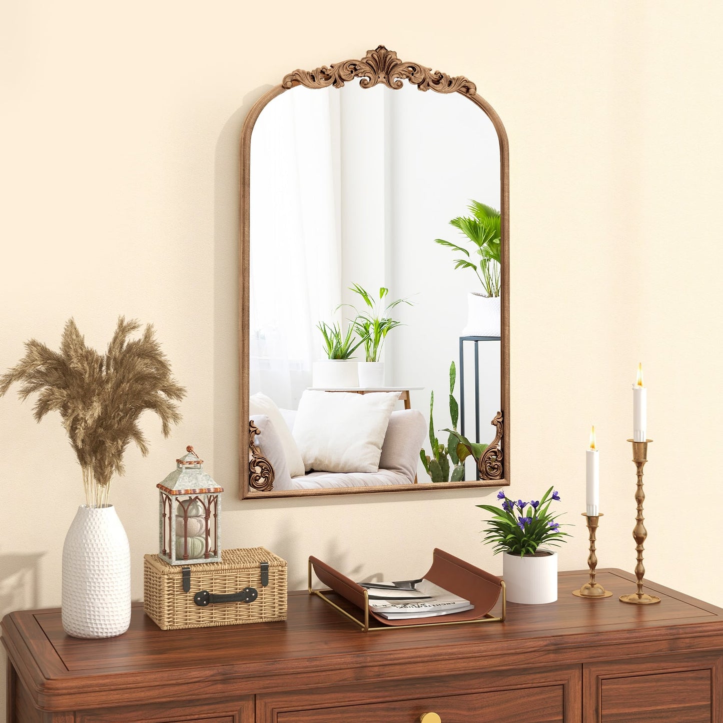 Antiqued Gold Wall Mirror with Baroque Ornate Frame-S