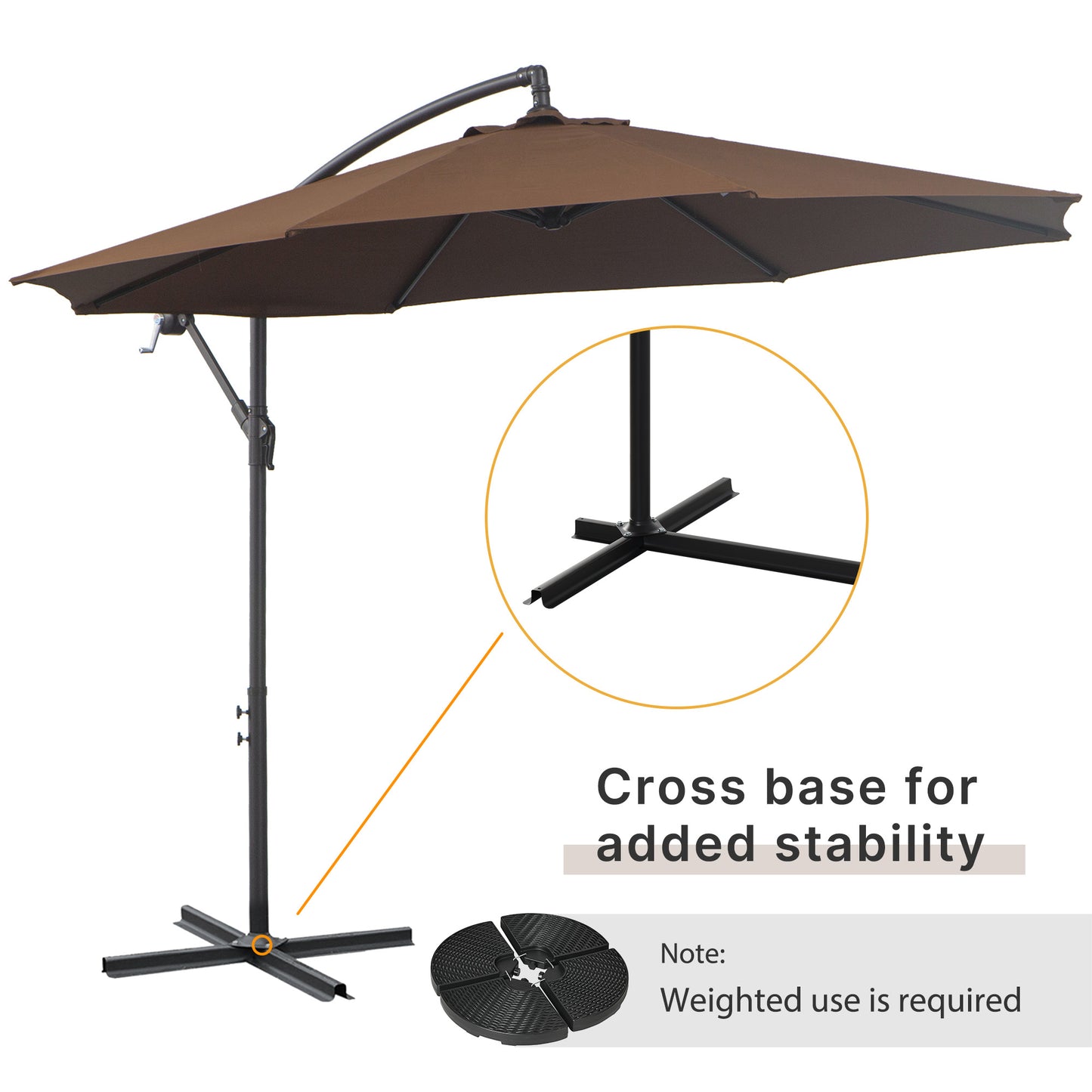 Outsunny 2,45 m parasol z wysięgnikiem, wytrzymały, wodoodporny parasol ogrodowy z podstawą krzyżową, brązowy