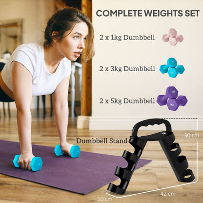 SPORTNOW Dumbbells Set with Storage Rack, 2 x 1kg, 2 x 3kg, 2 x 5kg, Pink