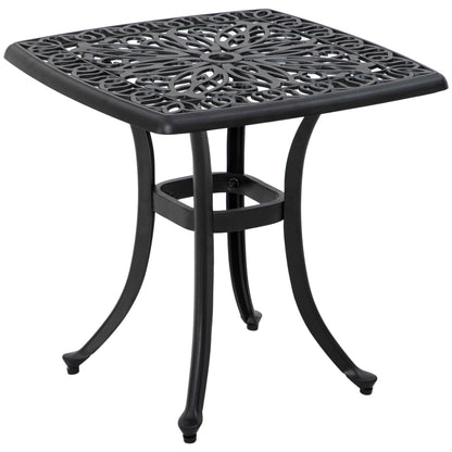 Outsunny Cast Aluminium Bistro Table, Outdoor Square Side Table with Umbrella Hole, Garden Table for Balcony, Poolside, Black