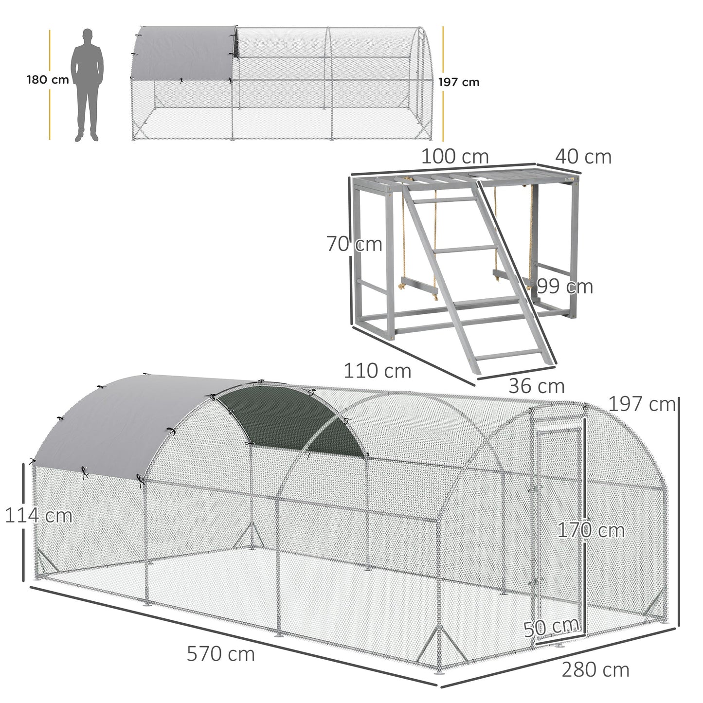 PawHut Walk In Chicken Run with Chicken Activity Shelf and Cover, 2.8 x 5.7 x 2m