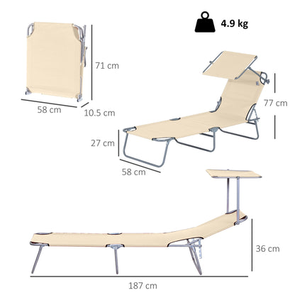 Outsunny Outdoor Foldable Sun Lounger, 4 Level Adjustable Backrest Reclining Sun Lounger Chair with Angle Adjust Sun Shade Awning for Beach, Garden, Patio, Beige