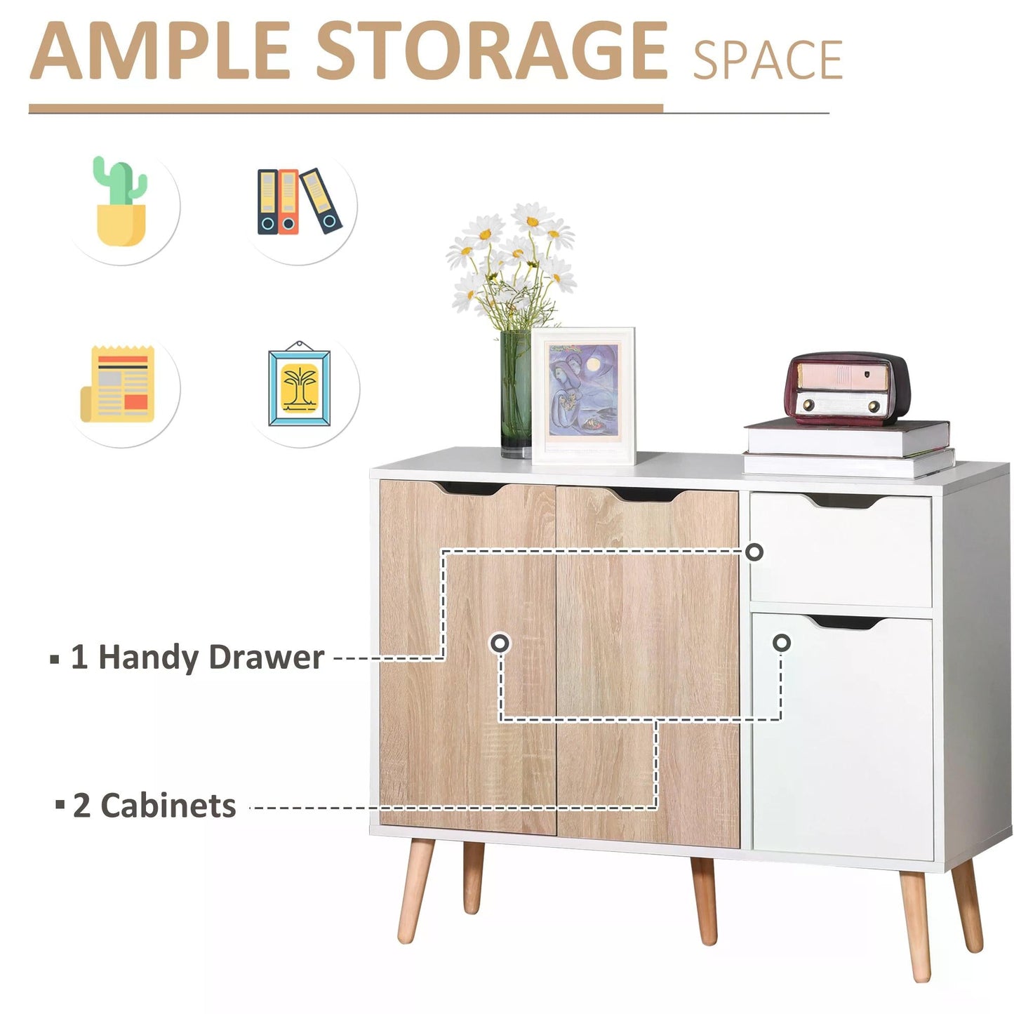 HOMCOM Sideboard Floor Standing Storage Cabinet with Drawer for Bedroom, Living Room, Home Office, Natural