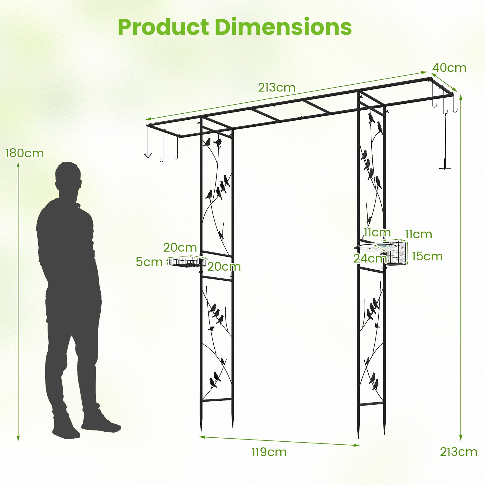 213cm Garden Arbor Feeding Station with Water Bowl and Mesh Tray-Black