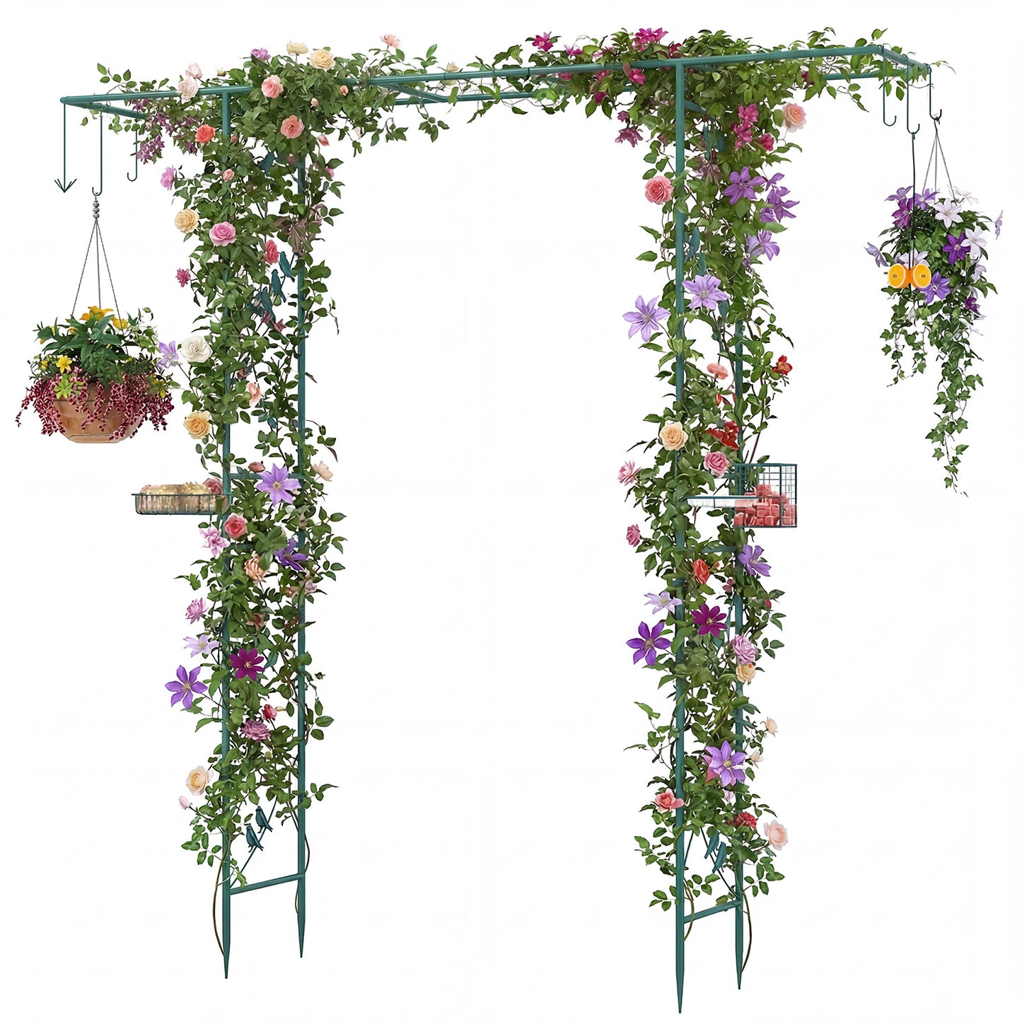 213cm Garden Arbor Feeding Station with Water Bowl and Mesh Tray-Green