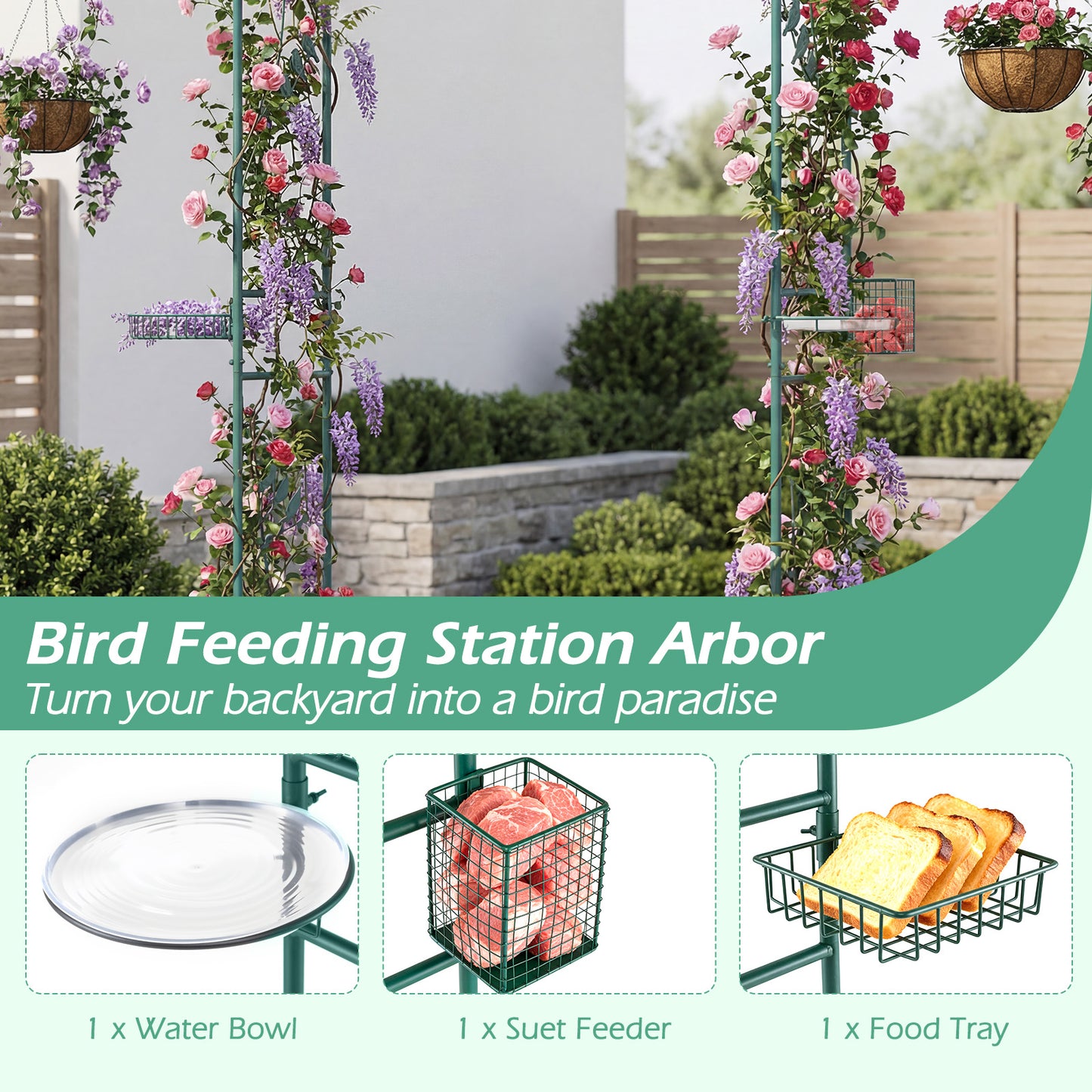 213cm Garden Arbor Feeding Station with Water Bowl and Mesh Tray-Green