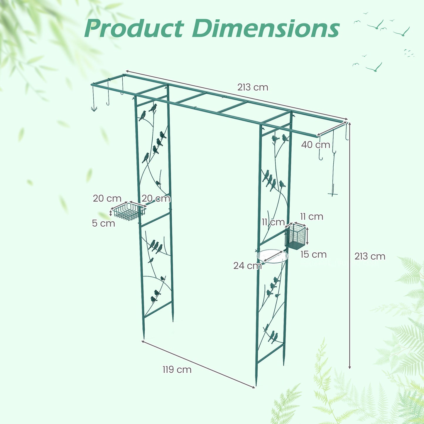 213cm Garden Arbor Feeding Station with Water Bowl and Mesh Tray-Green