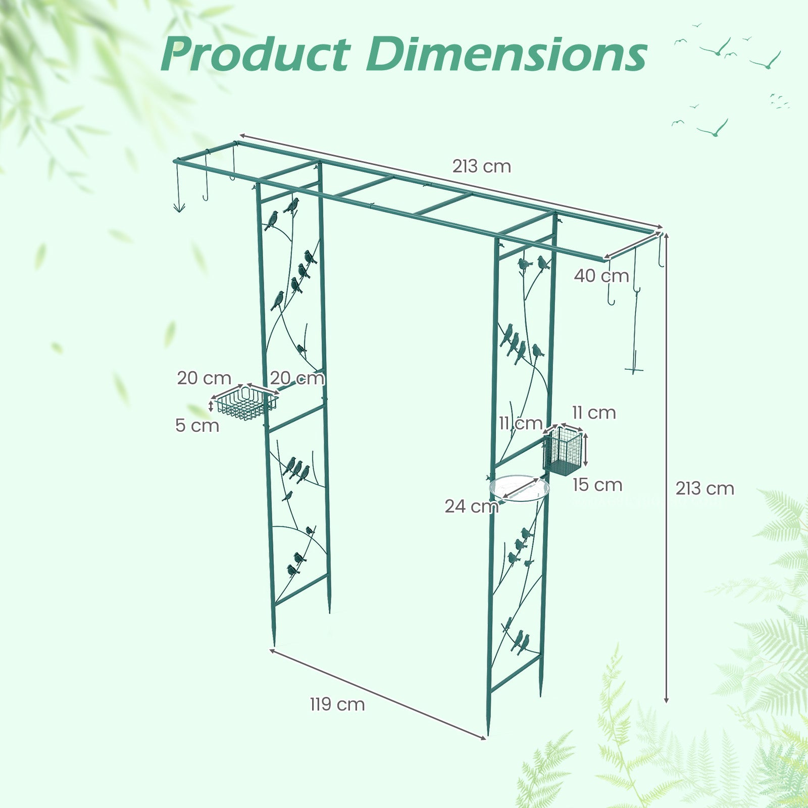213cm Garden Arbor Feeding Station with Water Bowl and Mesh Tray-Green