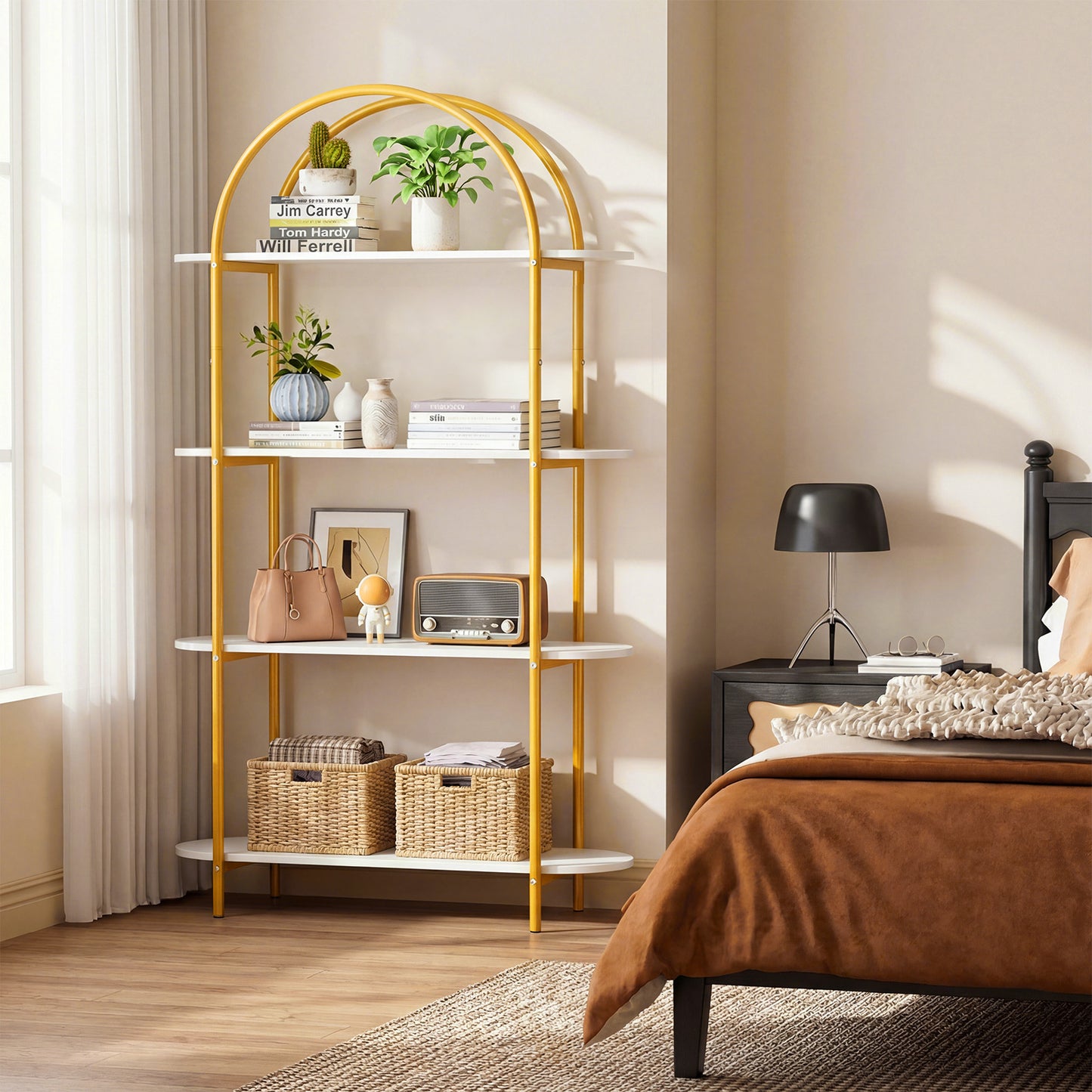 Arched Bookshelf 4-Tier Industrial Open Bookcase with Sturdy Metal Frame-White and Golden