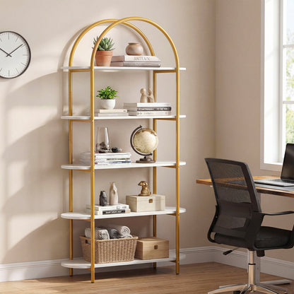 Arched Bookshelf 4-Tier Industrial Open Bookcase with Sturdy Metal Frame-White and Golden
