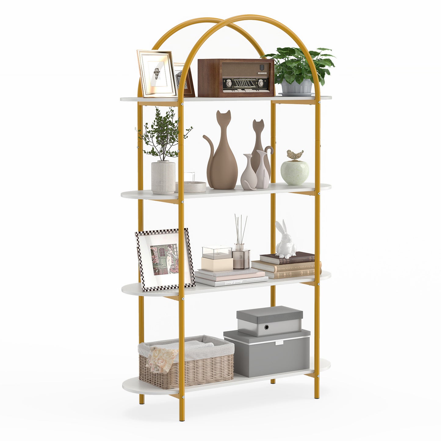Arched Bookshelf 4-Tier Industrial Open Bookcase with Sturdy Metal Frame-White and Golden