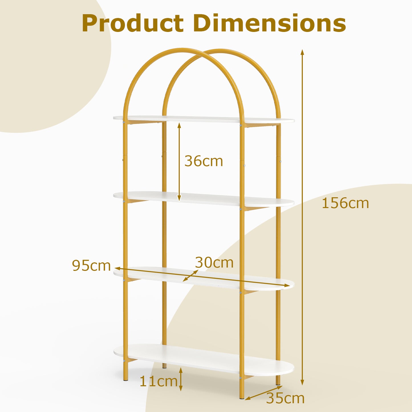 Arched Bookshelf 4-Tier Industrial Open Bookcase with Sturdy Metal Frame-White and Golden